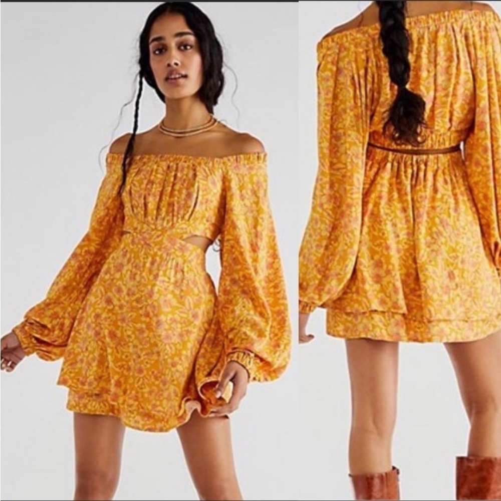 Free People Jael Floral Off Shoulder Cutout Mini Dress Golden Combo Size XS